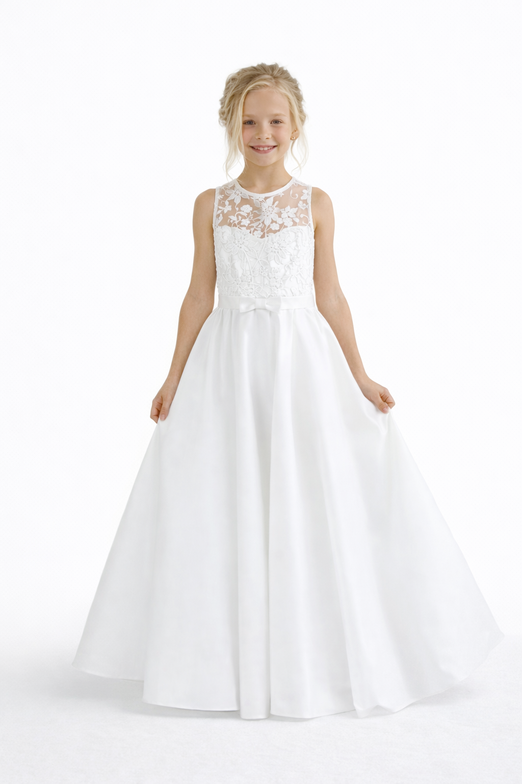 Elegant Lace Bodice Flower Girl Dress Sleeveless Ball Gown Floor Length Tulle Wedding Party - Custom Colorleaving a note