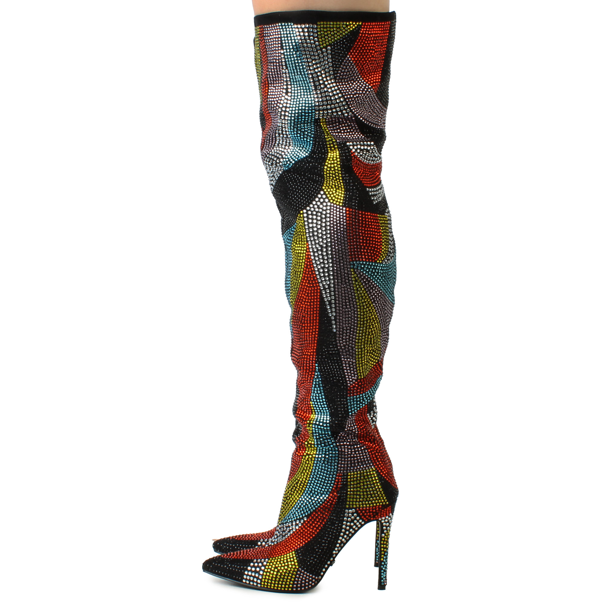 Women Glamorous-Multi Crystal Thigh High Stiletto Boot Multi Color Knee High Boots . Multi Color