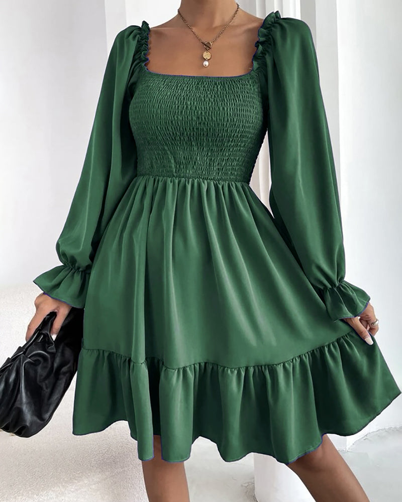 Square Neck Long Sleeve Shirred Ruffle Hem Dresses High Waist A Line Knee Length Elegant Mini Dress - Dark Green