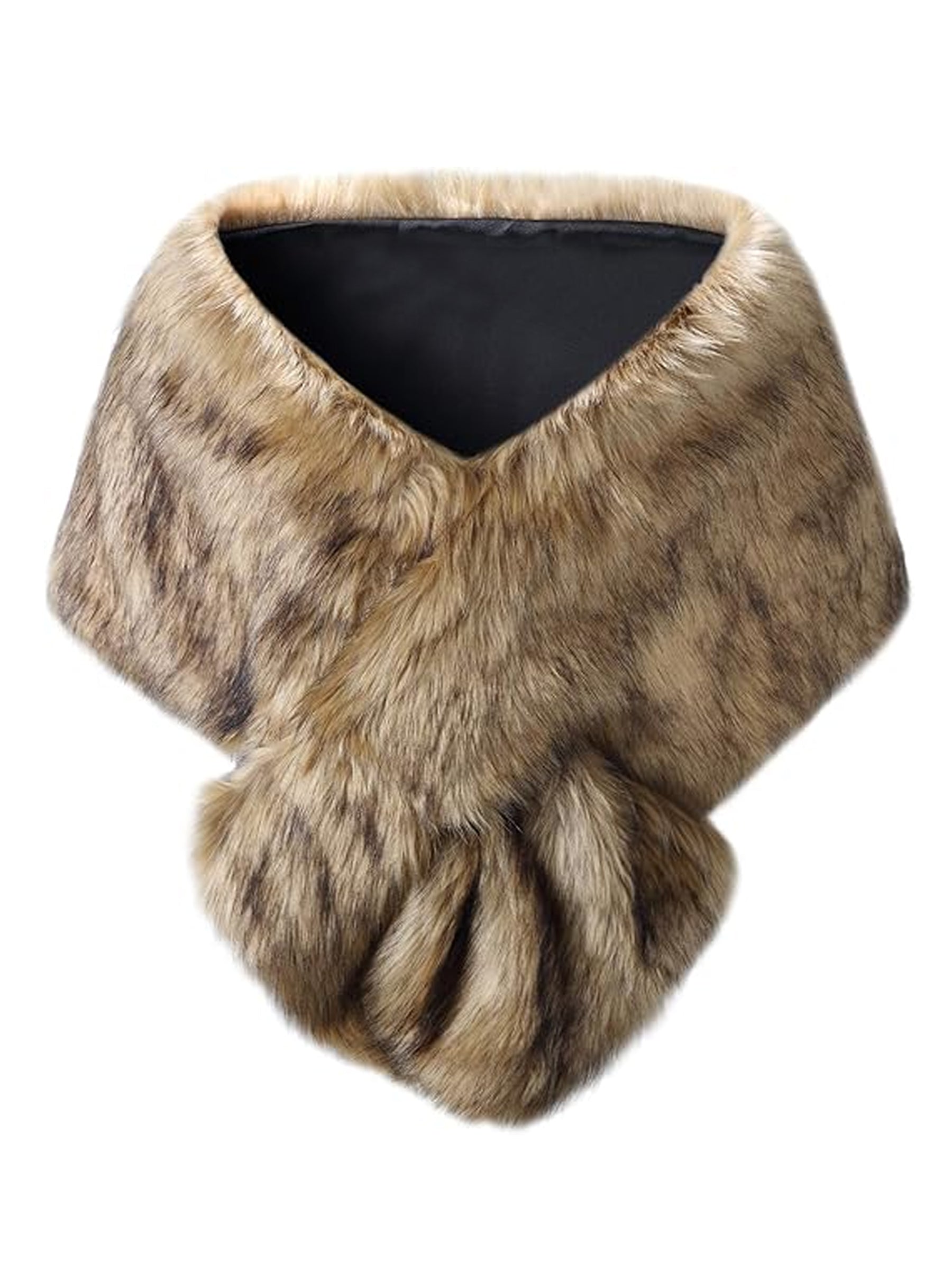 Women Luxury Faux Fur Coat Jackets Wrap Cape Shawl for Wedding Party - Brown Black Tip