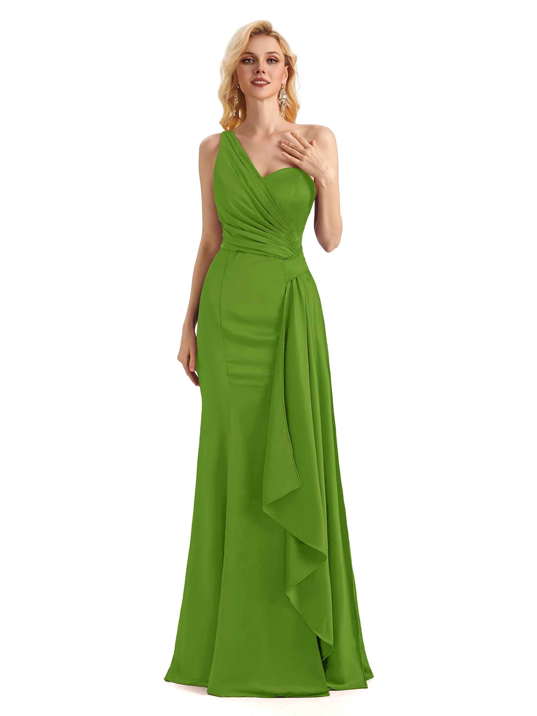 Elegant One Shoulder Soft Satin Long Mermaid Satin Dress For Women With Waist Drape