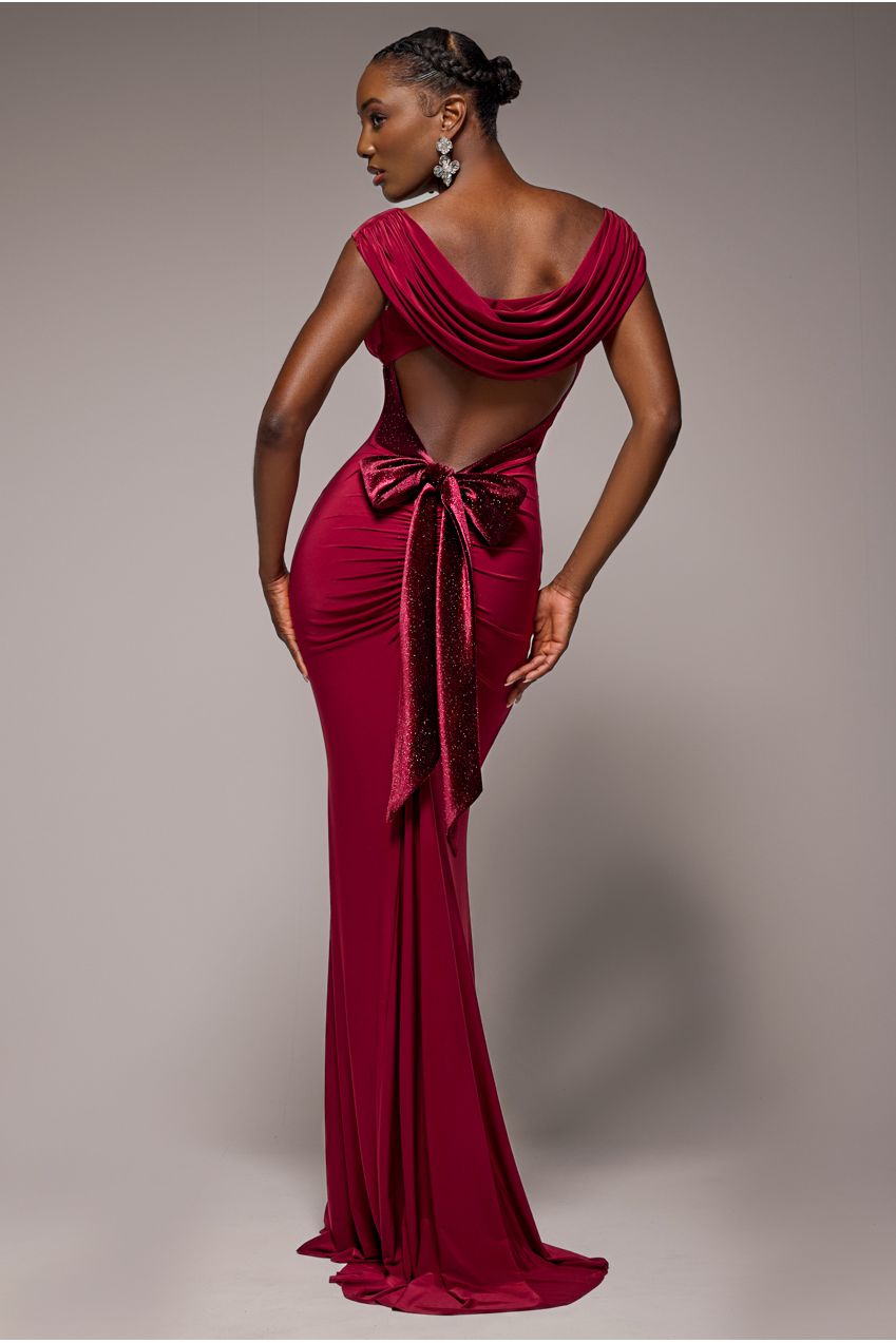 Goddiva Open Back Cowl Neck Gathered Maxi Dress With Velvet Tie Back