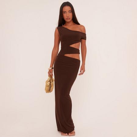 Asymmetric One Shoulder Cut Out Maxi Dress In Chocolate Brown Slinky, Women's Size
