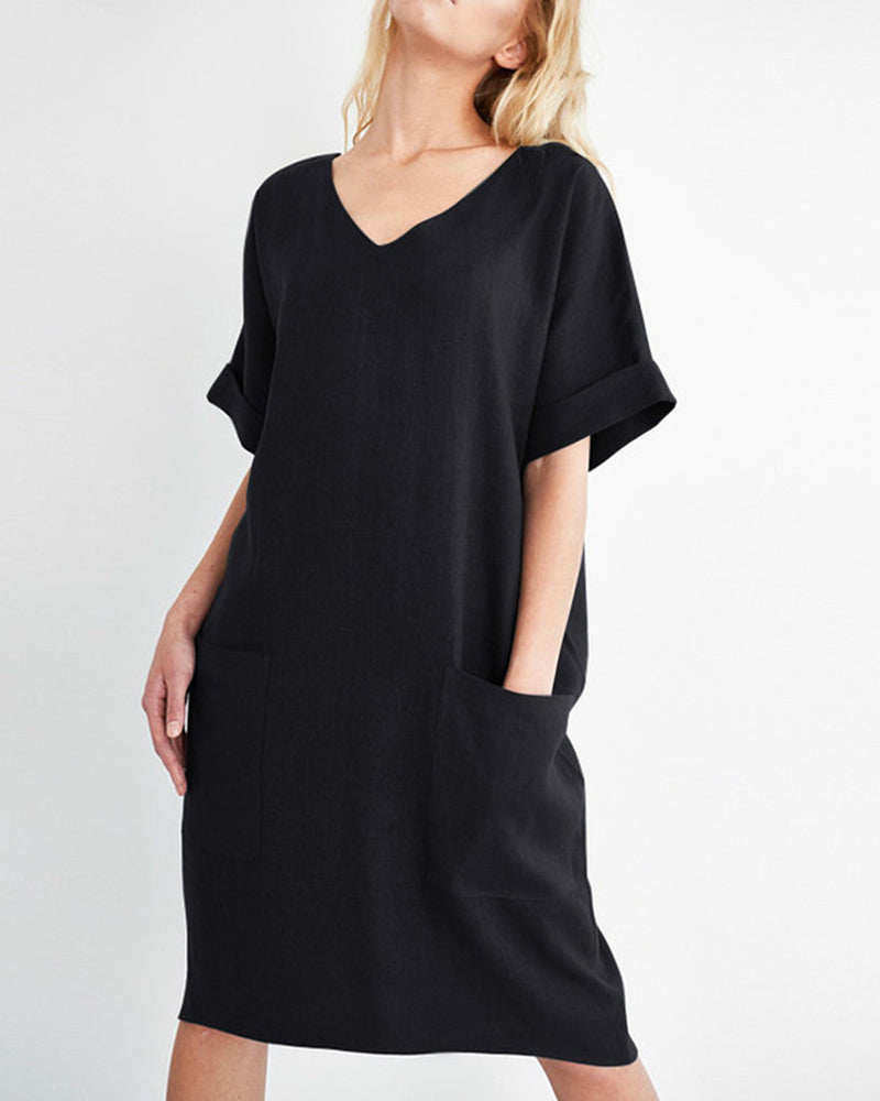 Plus Size Tunic Dress Summer Cotton Linen T Shirt Knee-Length Dresses - Black L-
