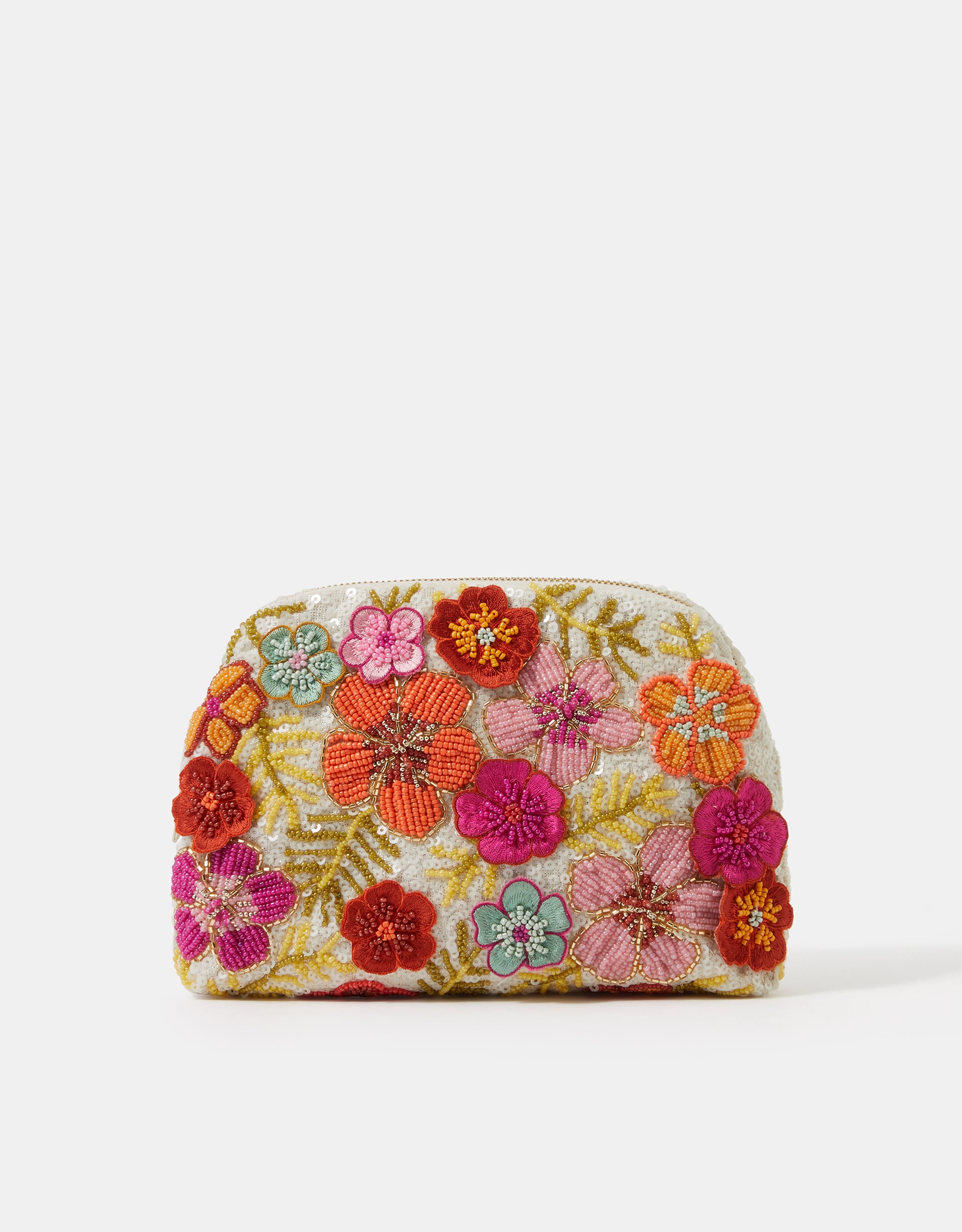 Tan Beaded Flower Clutch Bag