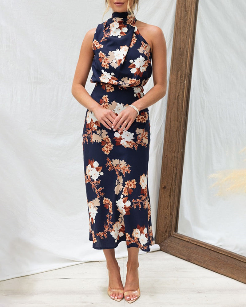 Sleeveless Halter Neck Printed Satin Dress - Navy blue M