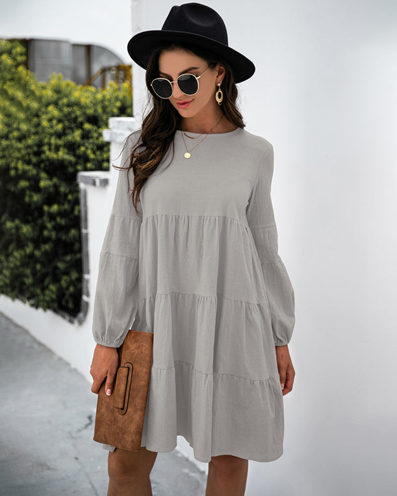 Long Puff Sleeve Shirt Dress Casual Crewneck Loose Fit Sundress Trendy Tiered Layer Summer Mini Dresses - Grey M