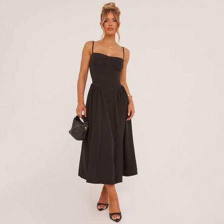Strappy Pleated Skater Midaxi Dress In Black, Women's Size