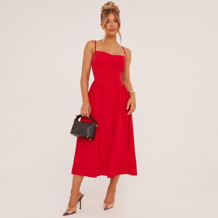 Strappy Pleated Skater Midaxi Dress In Red, Women's Size