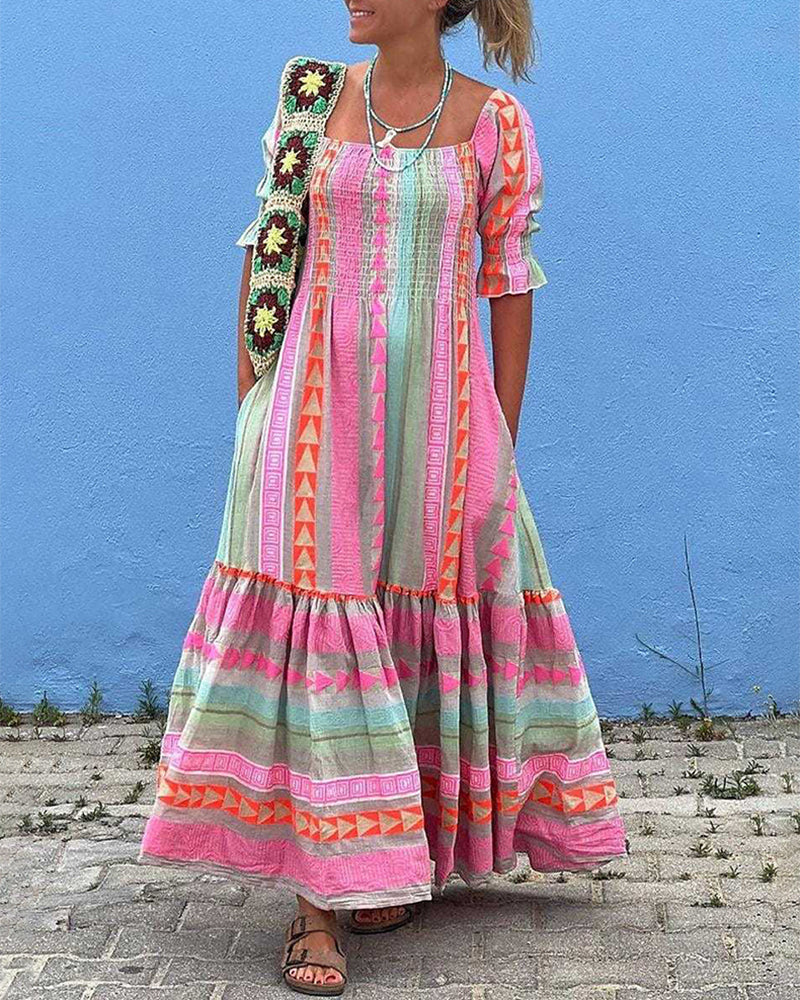 Geometric Color-block Bohemian Pleated Patchwork Half-sleeved Square-neck Dress - Pink