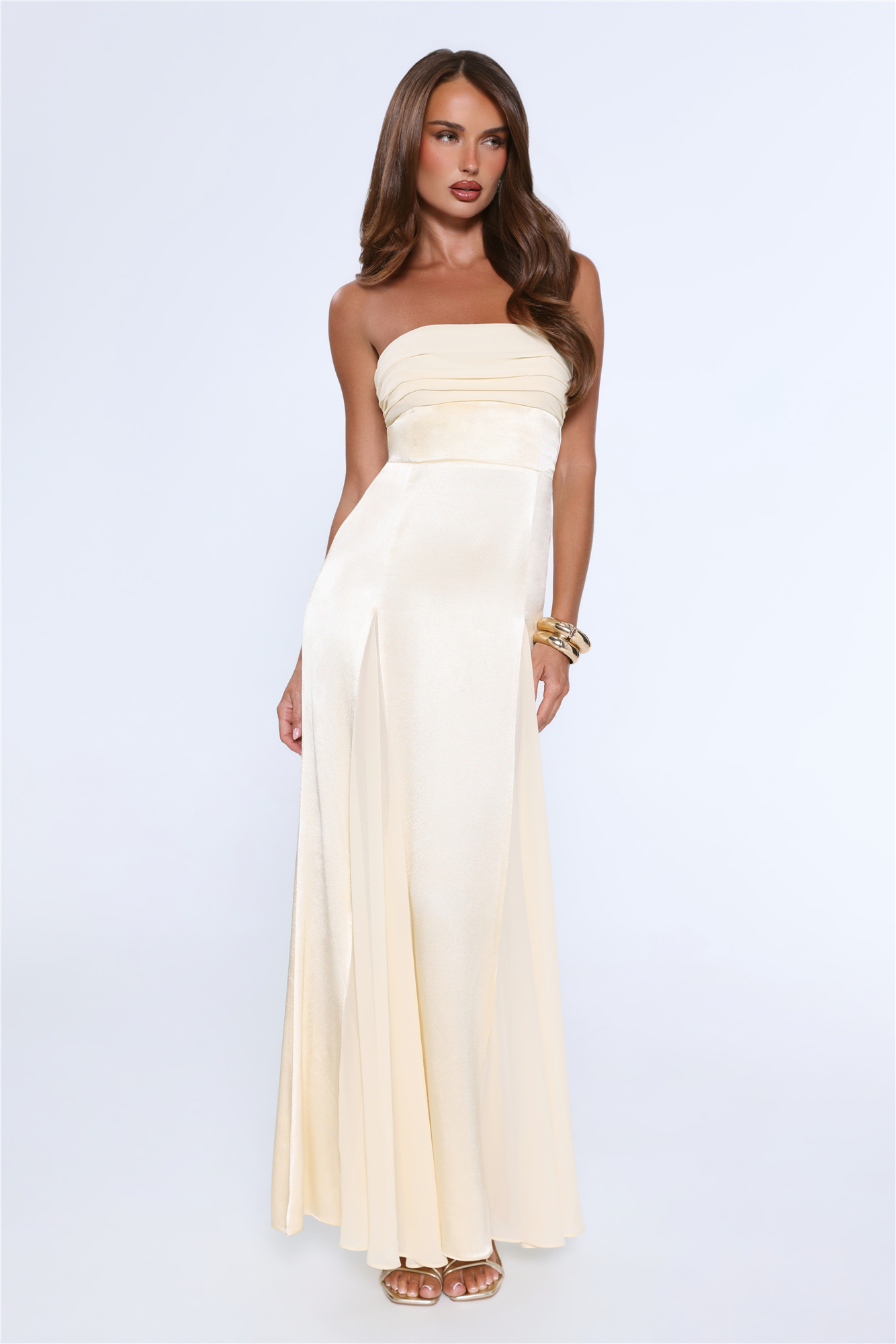 Statement Shine Strapless Satin Maxi Dress Yellow