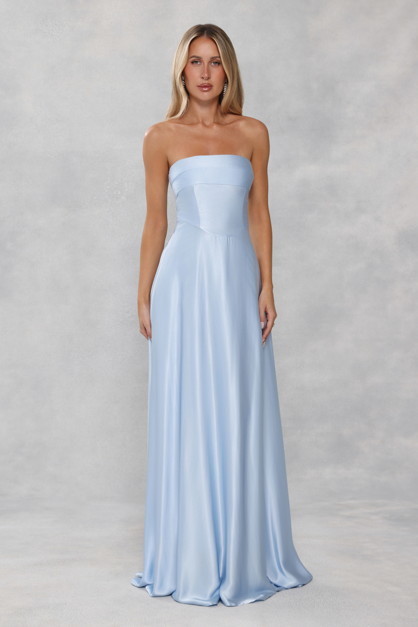 The Serina Strapless Satin Maxi Dress Light Blue