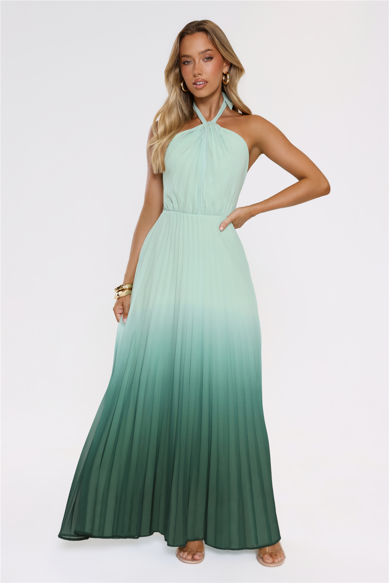 Wave Bloom Halter Pleated Maxi Dress Green