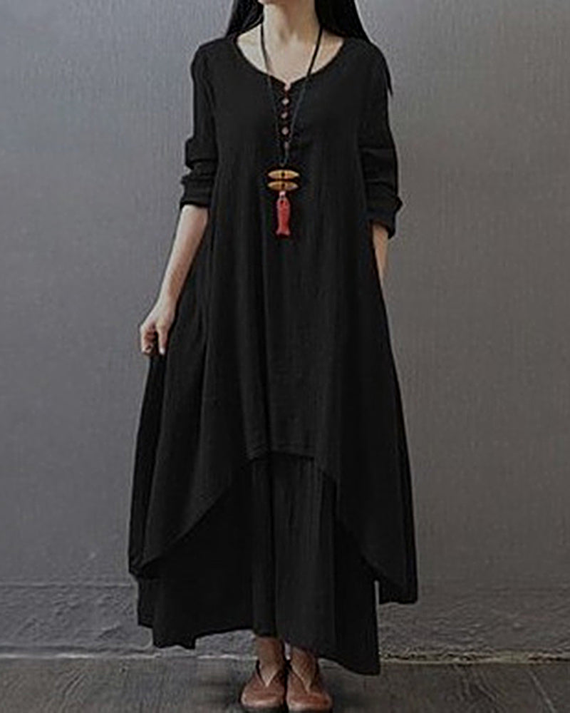 Loose Boho Cotton Maxi Kaftan Dress Layer Casual Long Tunic Dress - Black