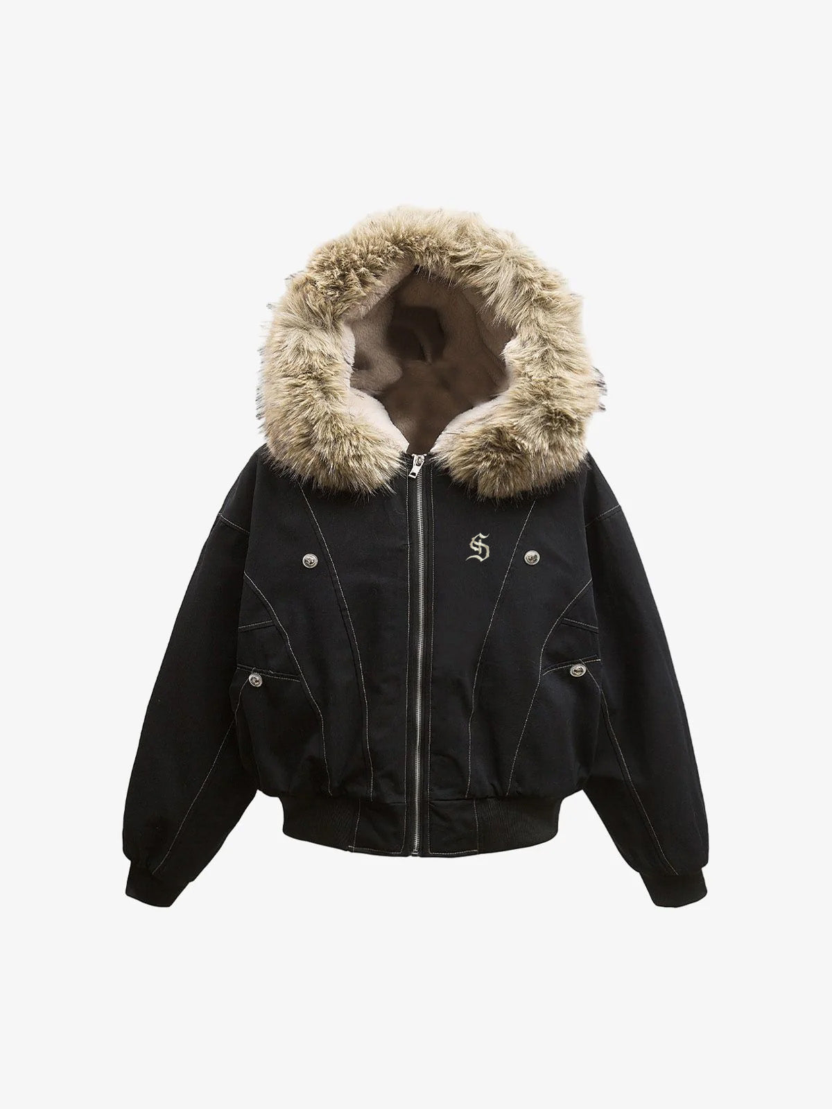 Faux Fur Lined Zip Up Winter Hooded Bomber Jacket