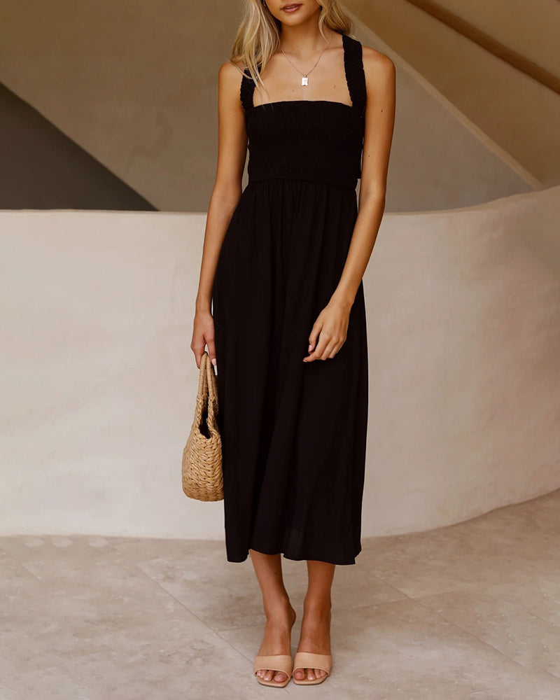 Elastic Waist Cross Straps Solid Casual Dress Sleeveless A-Line Summer Maxi Dress - Black L-