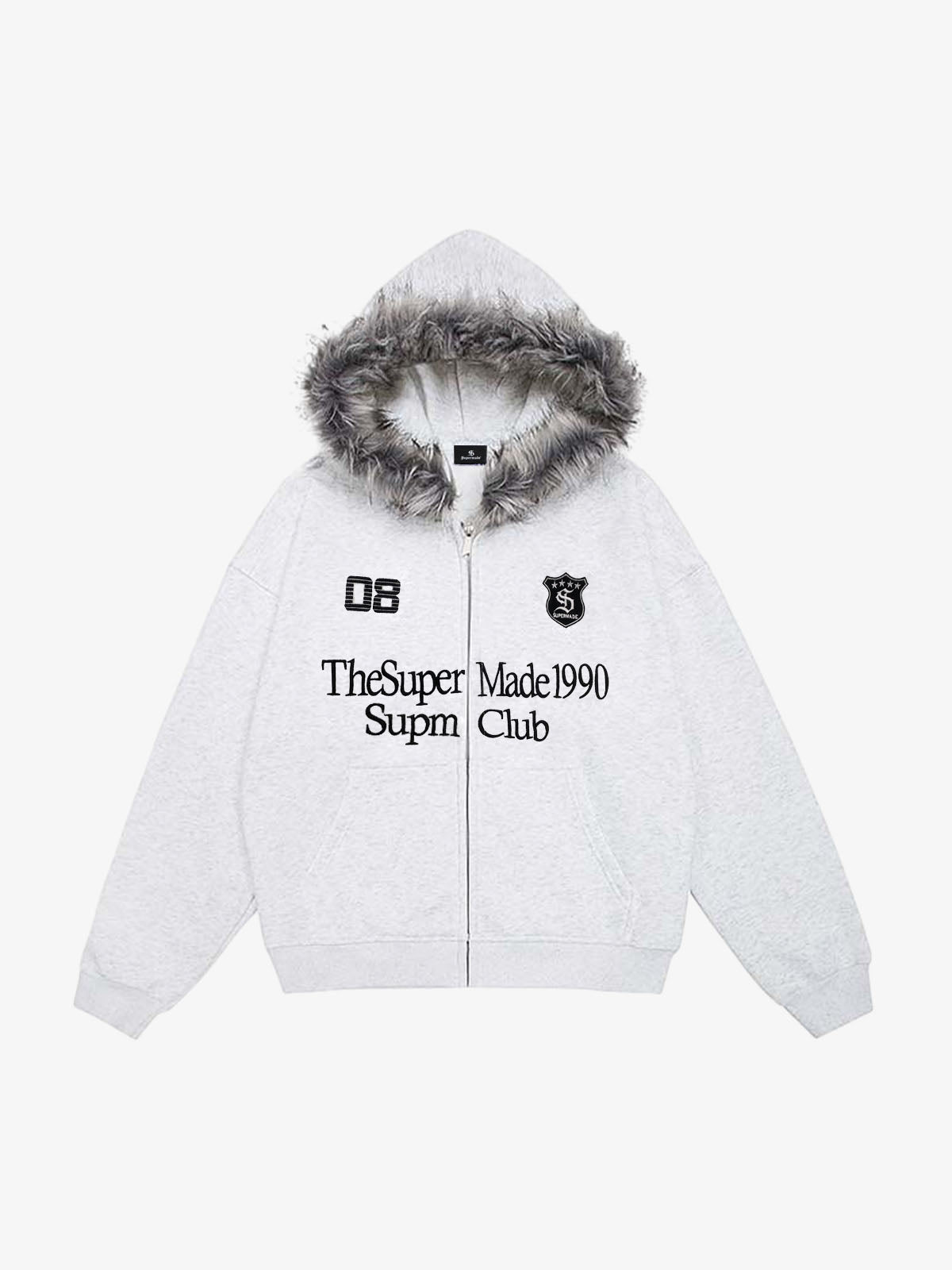 Letter Medal Embroidered Cardigan Fur Collar Zip Up Hoodie