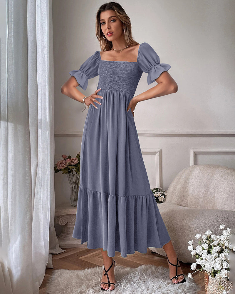 Ruffle Puff Sleeve Smocked Dress Square Neck Long Sleeve High Waist Flowy Maxi Dress - Dark Grey