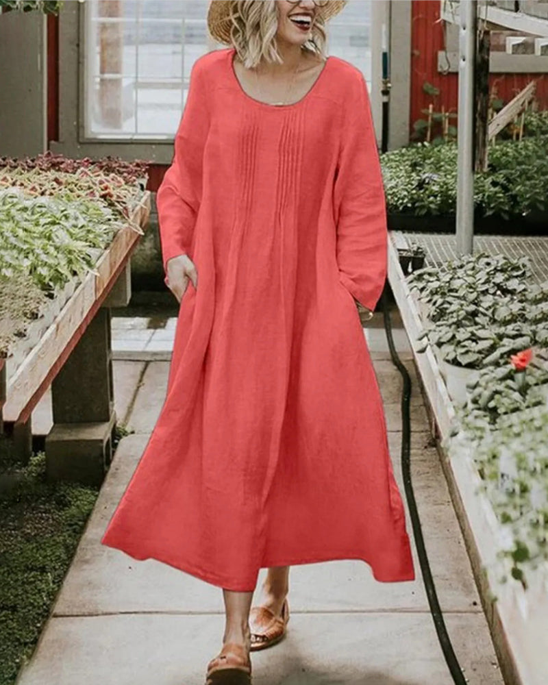 Round Neck Ruched Pocket Solid Long Sleeve Dress - Red M