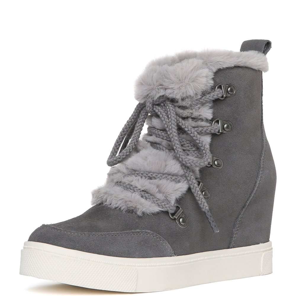 Women Lift Fur Casual Wedge Sneaker Grey Boots . Grey