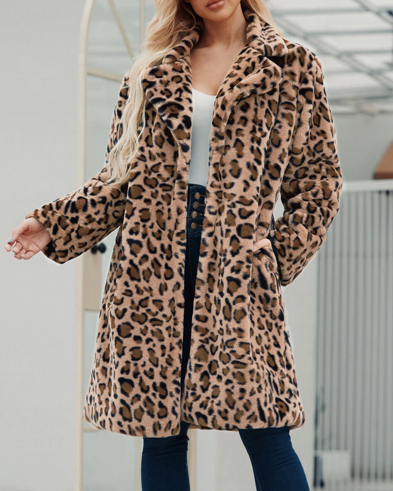 Faux Fur Coat Leopard Print Fluffy Coat - Leopard M