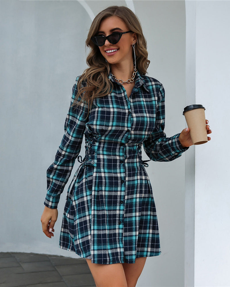 Plaid Grommet Lace Up Side Shirt Dress - Green L-