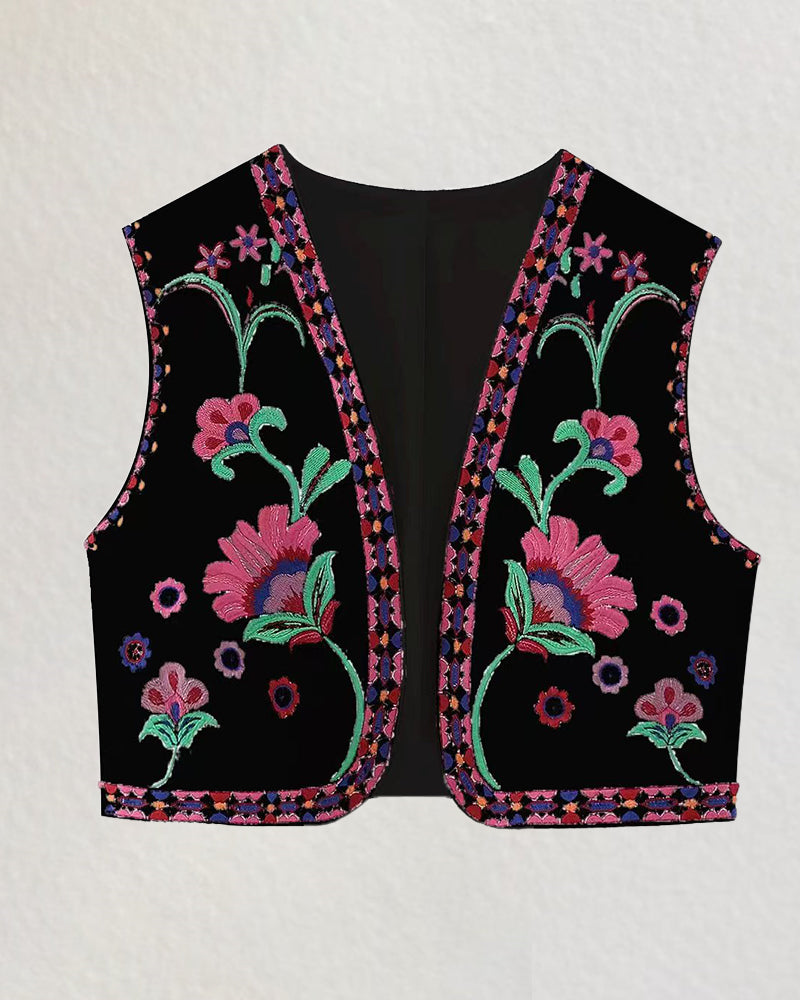 Retro Floral Embroidered Gillet Ethnic Weatern Vest Jacket Sleeveless Cardigan Crop Top - PAT S