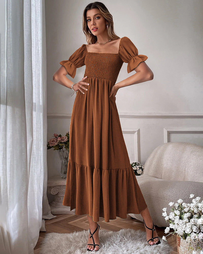 Ruffle Puff Sleeve Smocked Dress Square Neck Long Sleeve High Waist Flowy Maxi Dress - Coffee M