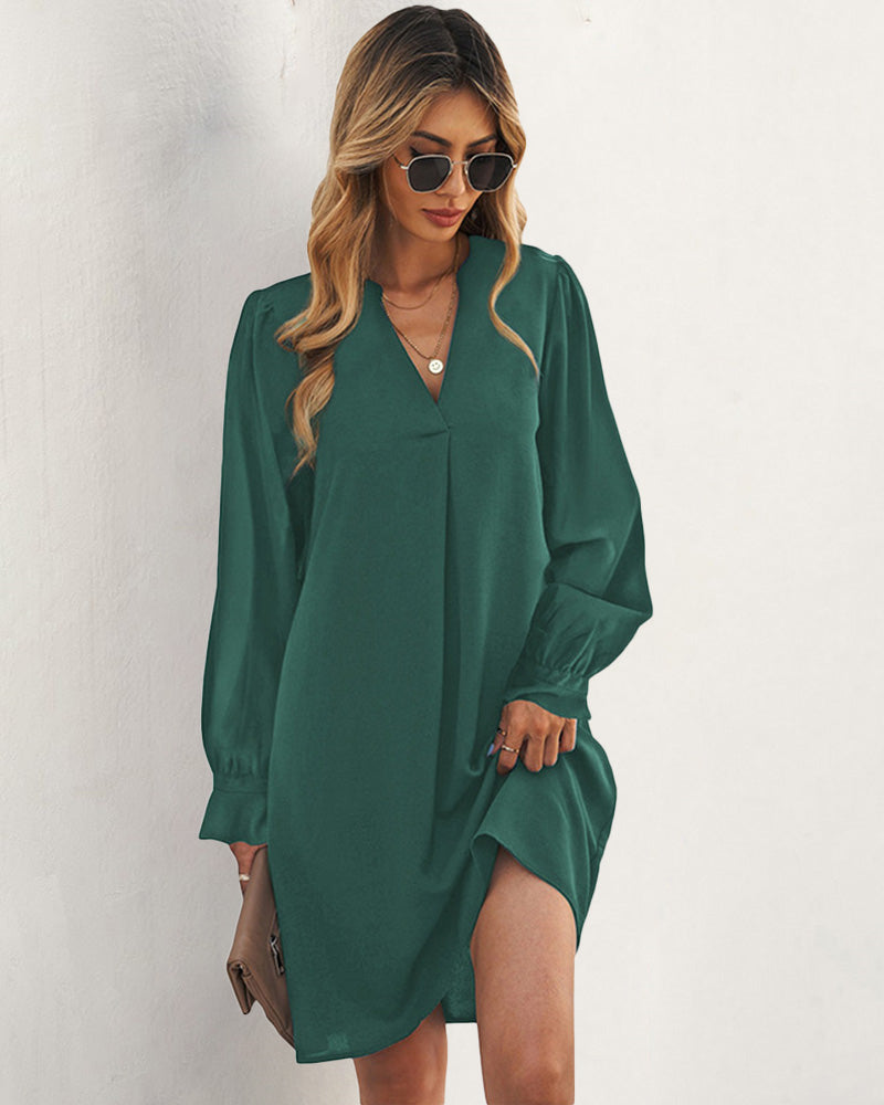 Notch Neck Solid Tunic Dress V-Neck Puff Sleeve Mini Tunic Dress - Dake Green L-