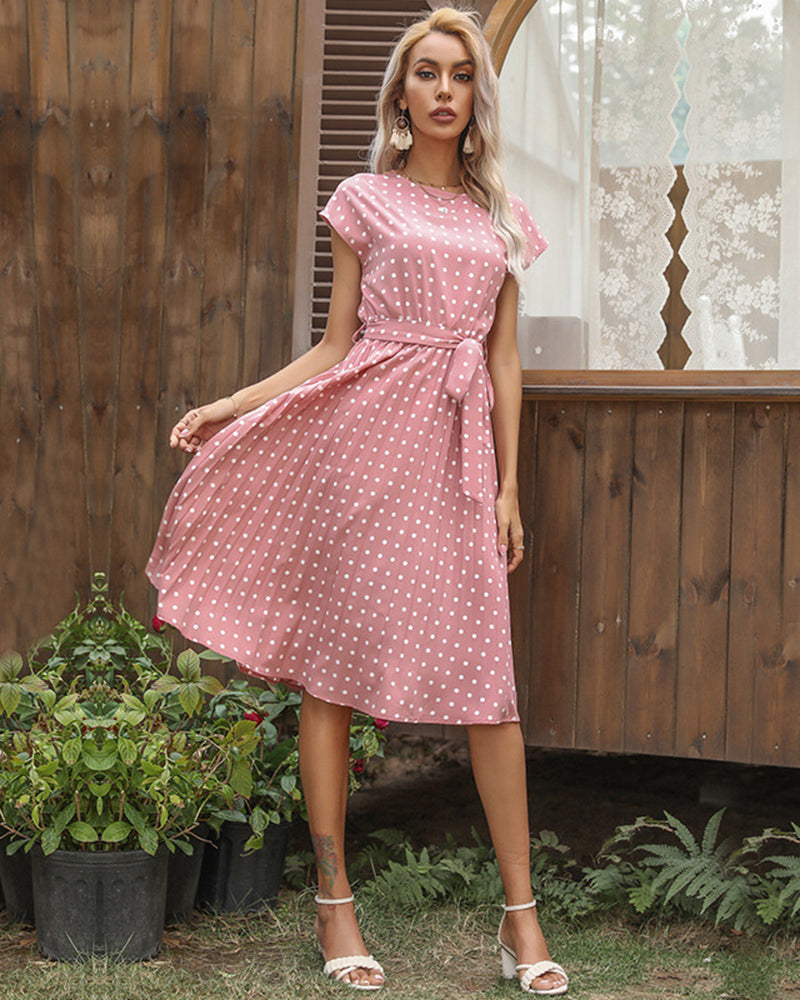 Polka Dot Midi Modest Summer Dress for Women High Waist Short Sleeve with Belt - Pink