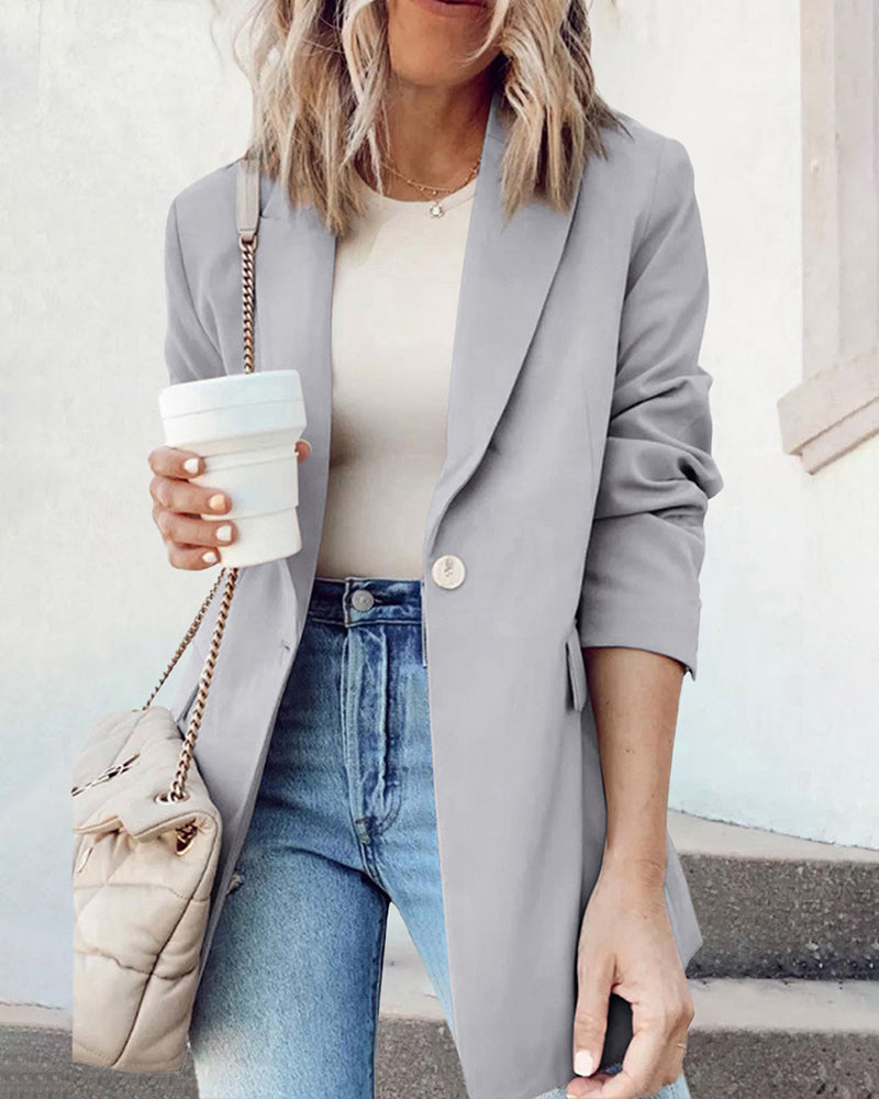 Single Breasted Button Down Office Work Wear Solid Blazer Jacket - Grey S