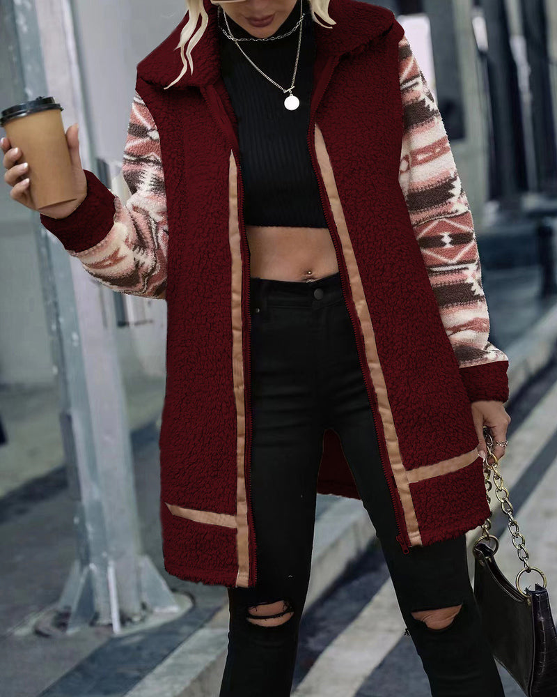 Ethnic Style Print Coat Lapel Zip Long Sleeve Plush Patchwork Jacket Outerwear - Red