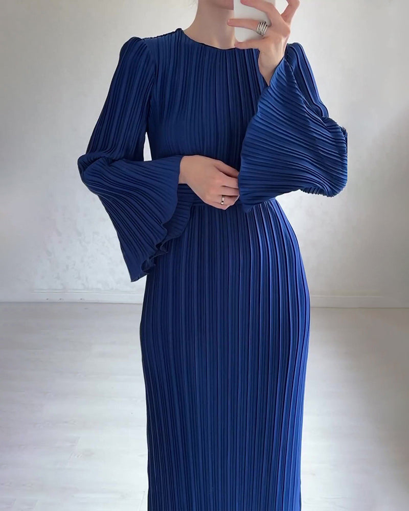 Pleated Bell Sleeve Back Tie Up Maxi Dress - Royal Blue