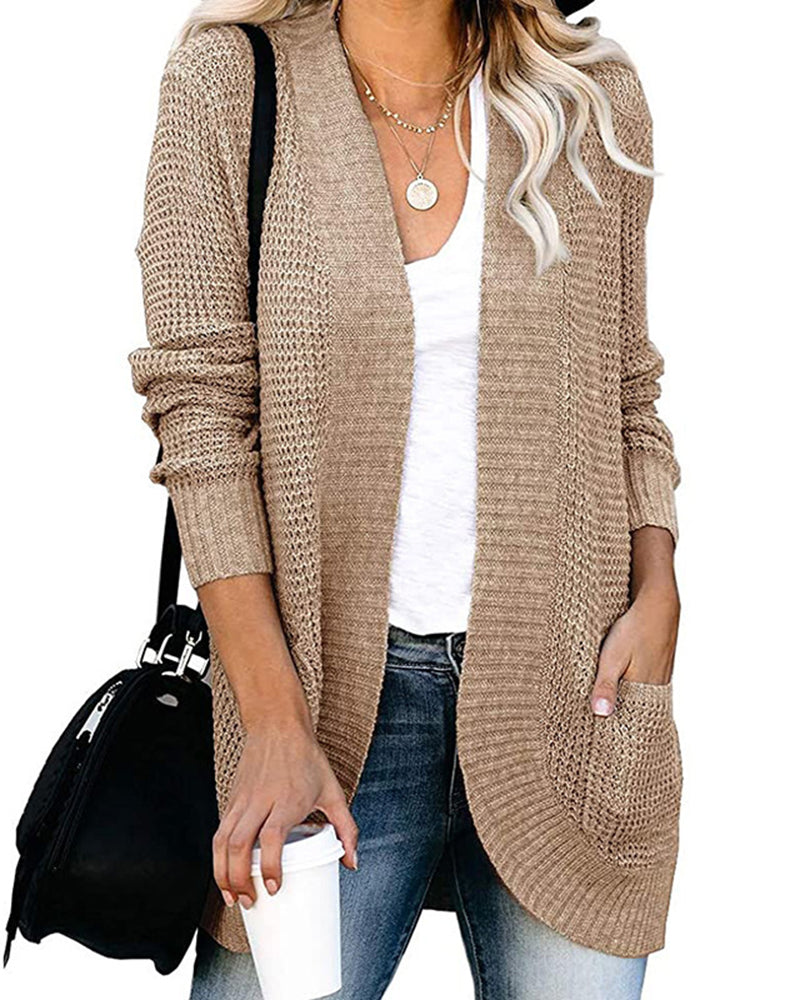 Solid Color Knit Open-Front Cardigan - Khaki L-