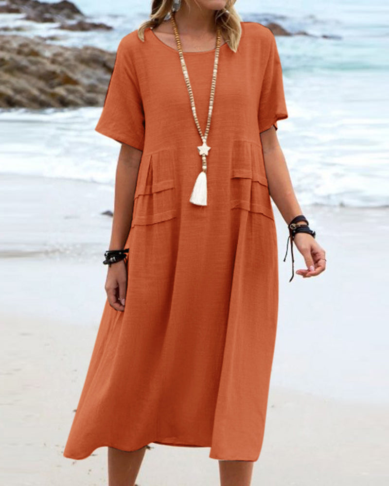 Solid Color Round Neck Short Sleeve Midi Dress Summer Holiday Casual Maxi Sundress - Orange