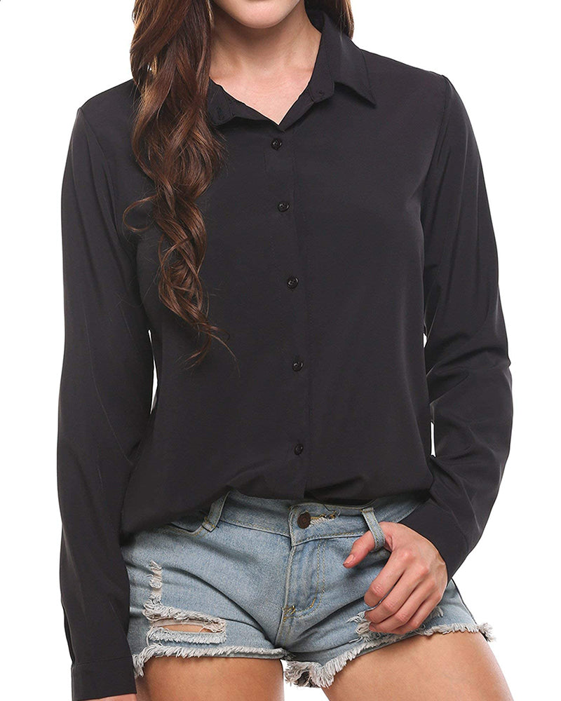 Long Sleeve Chiffon Blouse - Zeagoo- Black