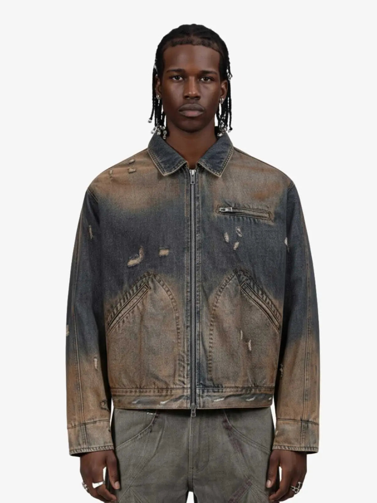Vintage Washed Distressed Denim Zip Up Jacket