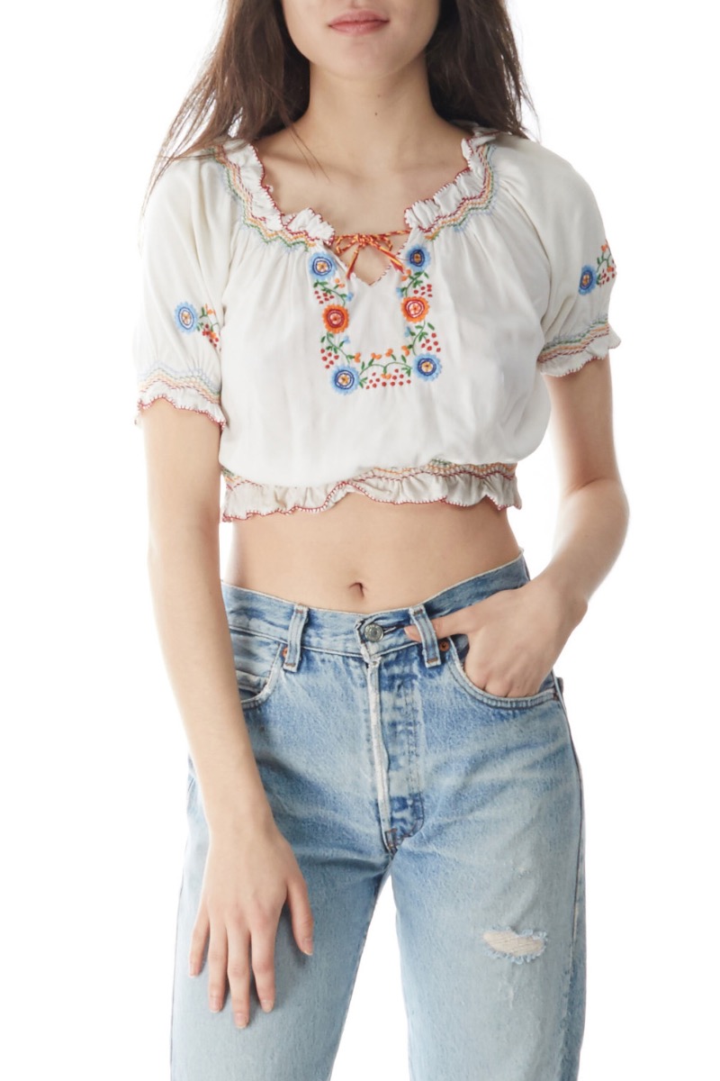 Women's WGACA Vintage s White Embroidered Peasant Blouse in White