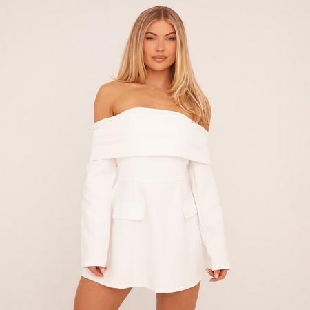 Fold Over Bardot Tailored Mini Dress In White, Women's Size