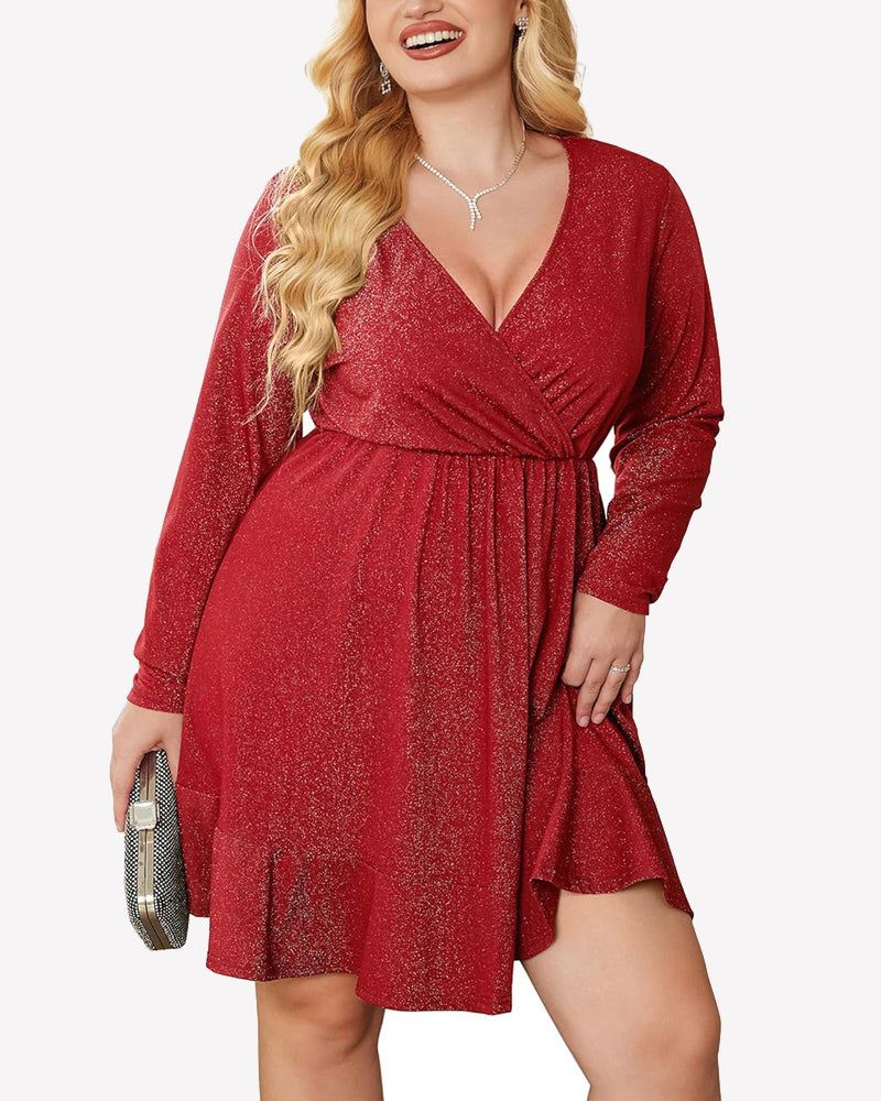 Zeagoo Plus Size Glitter Dress Long Sleeve Ruffle Hem Swing Dresses - Red Plus