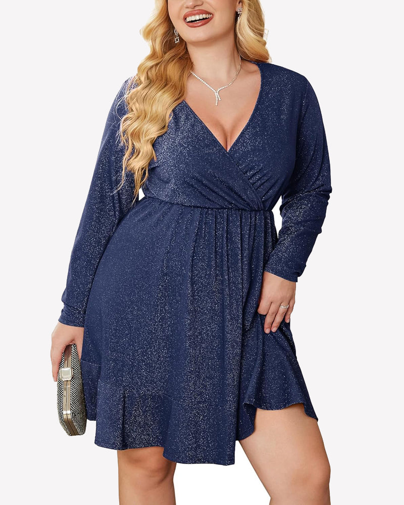 Zeagoo Plus Size Glitter Dress Long Sleeve Ruffle Hem Swing Dresses - Blue Plus