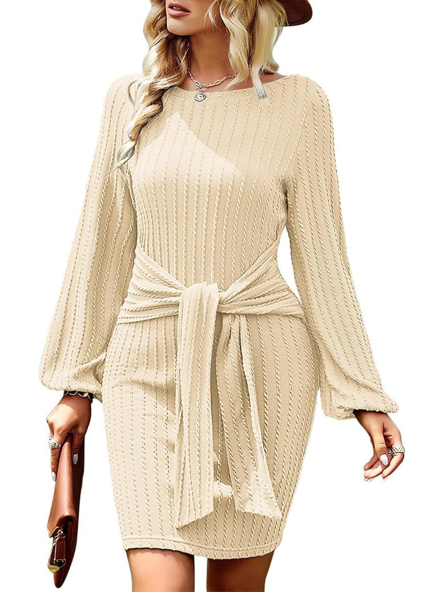Zeagoo Women's Casual Knit Dress Long Sleeve Bodycon Dress - Beige