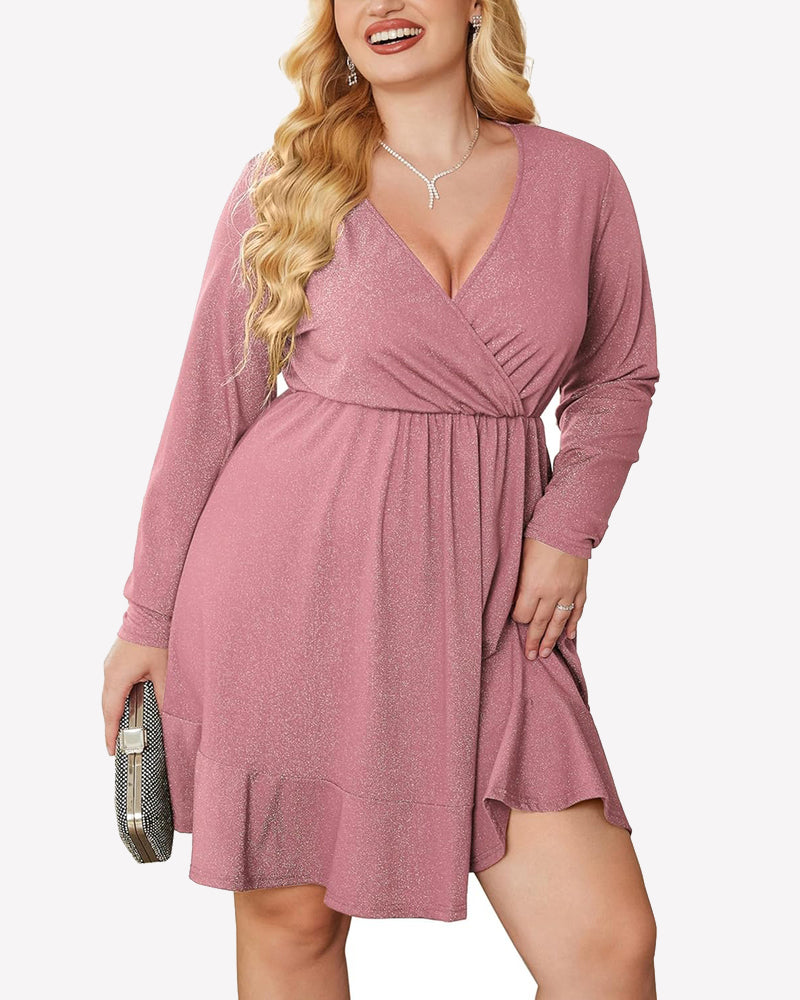 Zeagoo Plus Size Glitter Dress Long Sleeve Ruffle Hem Swing Dresses - Pink Plus