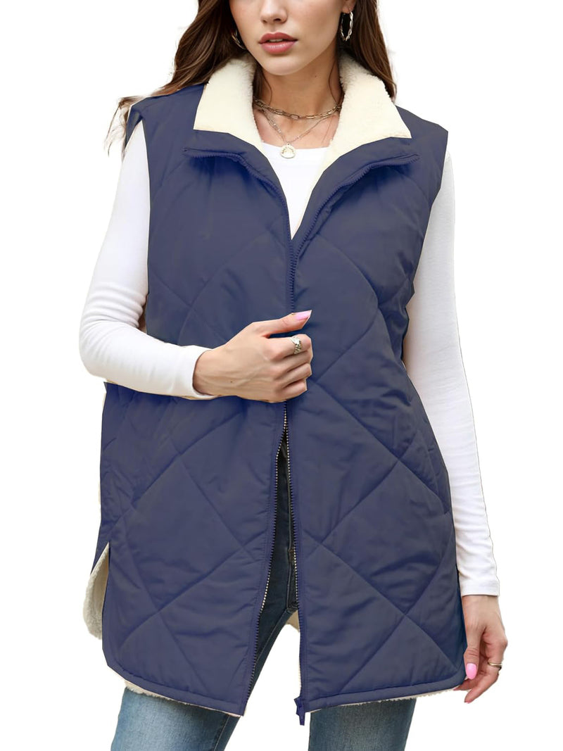 Zeagoo Women Fall Reversible Vests Coat Sleeveless Sherpa Fleece Jacket - Navy Blue M