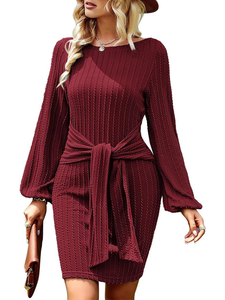 Zeagoo Women's Casual Knit Dress Long Sleeve Bodycon Dress - Wine Red L-