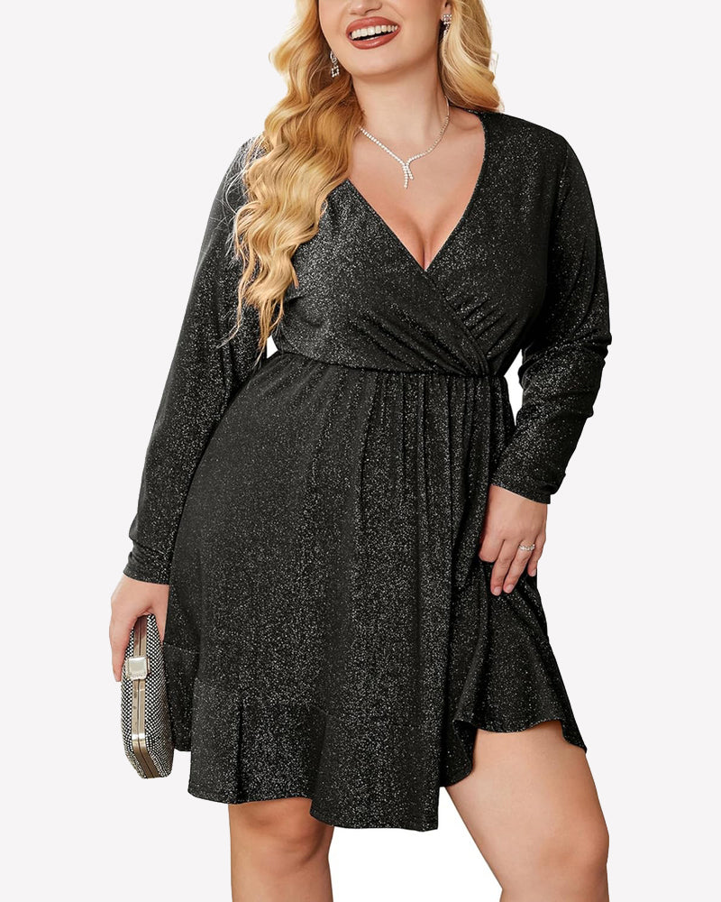 Zeagoo Plus Size Glitter Dress Long Sleeve Ruffle Hem Swing Dresses - Black Plus