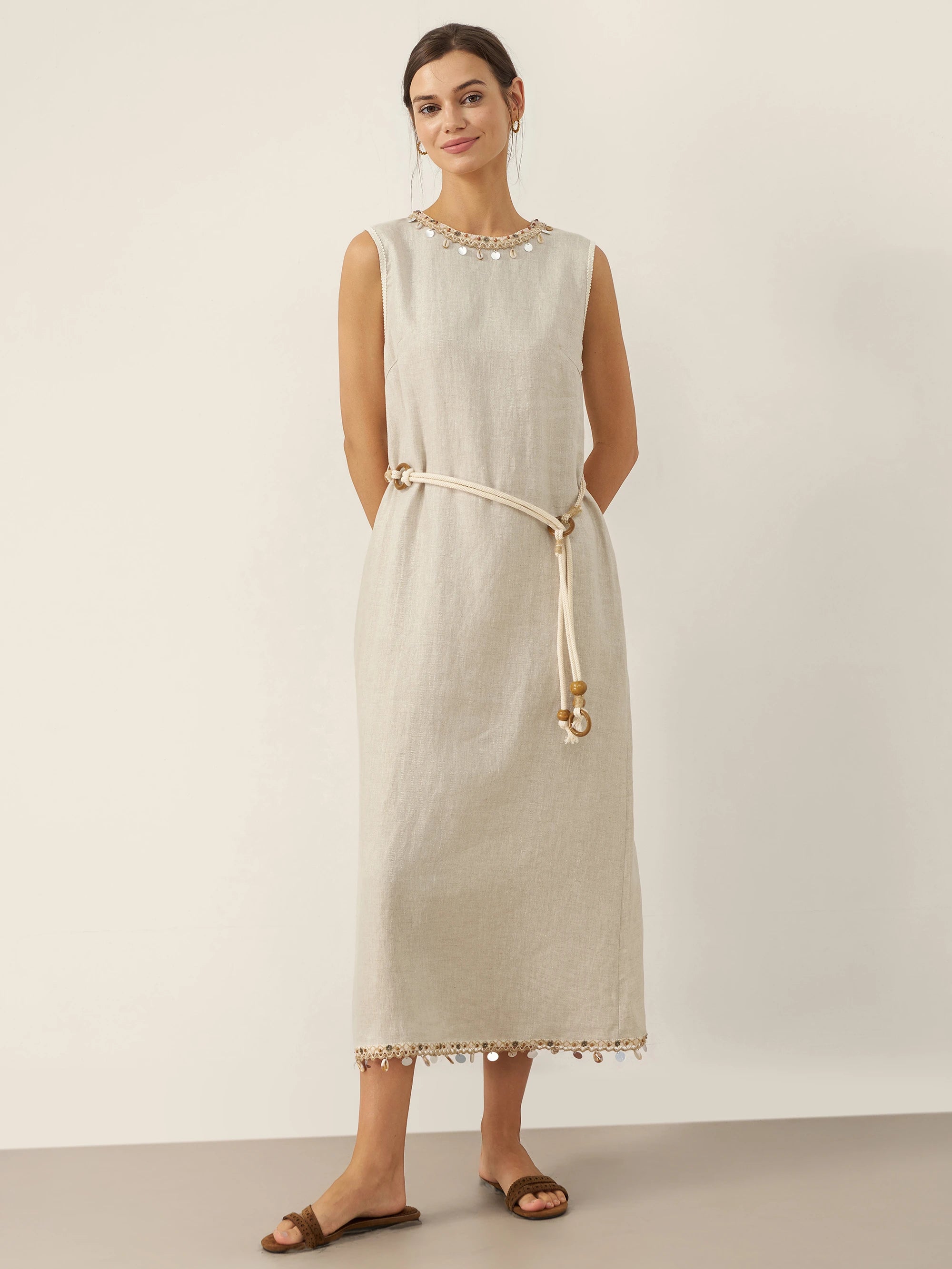 % Linen Beaded Crew Neck Maxi Dress with Belt BELLA
