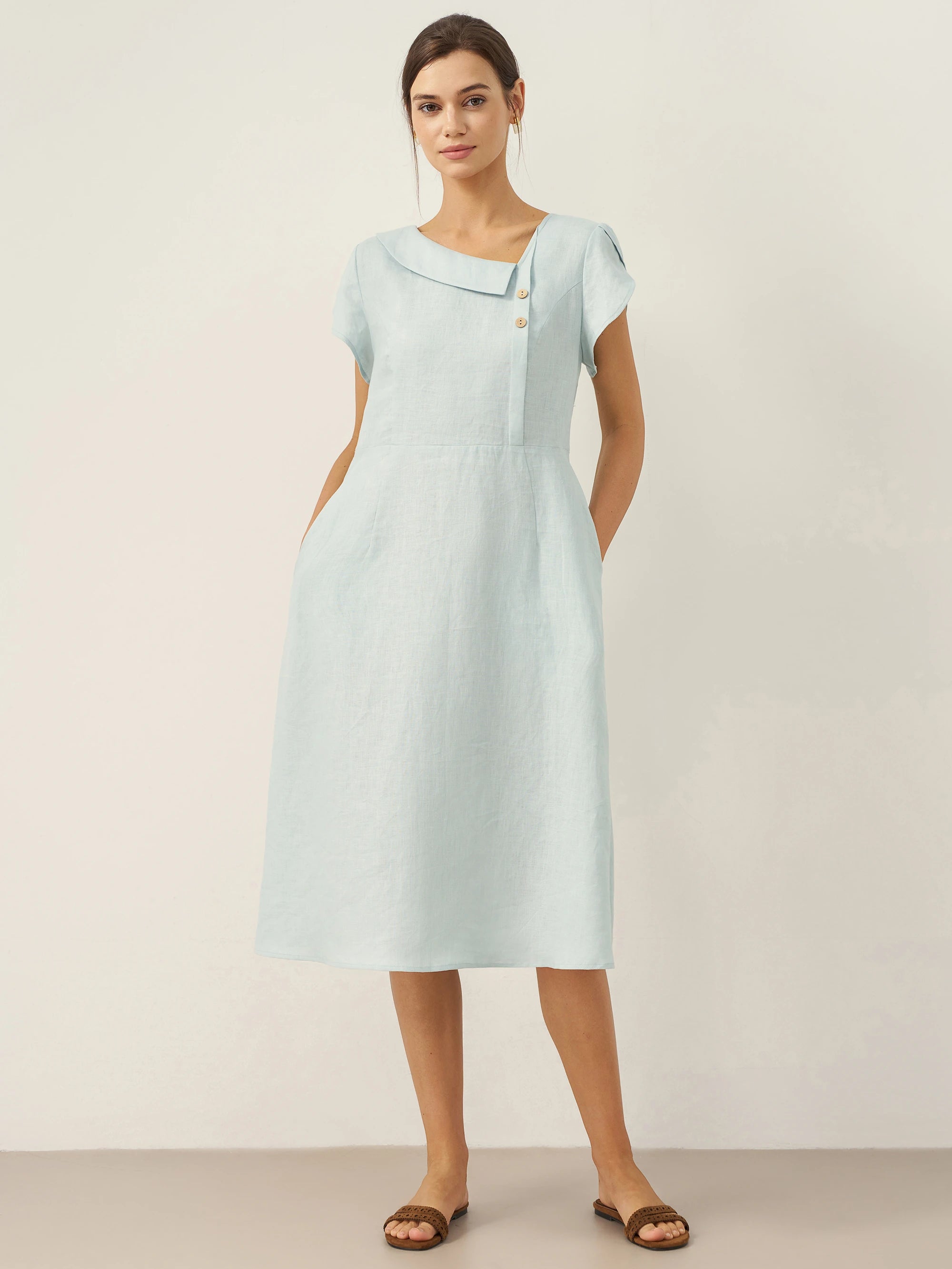 % Linen Crescent Collar Flutter Sleeve Mini Dress FIONA