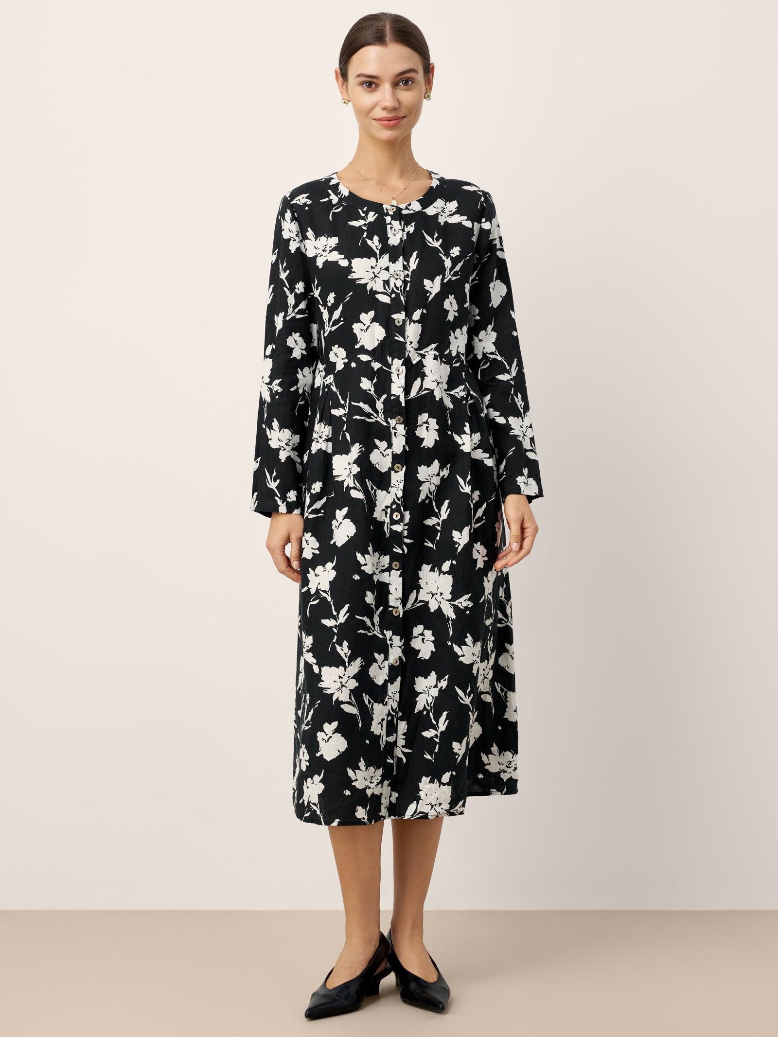 % Linen Floral Printed Gathered Maxi Dress ELODIE