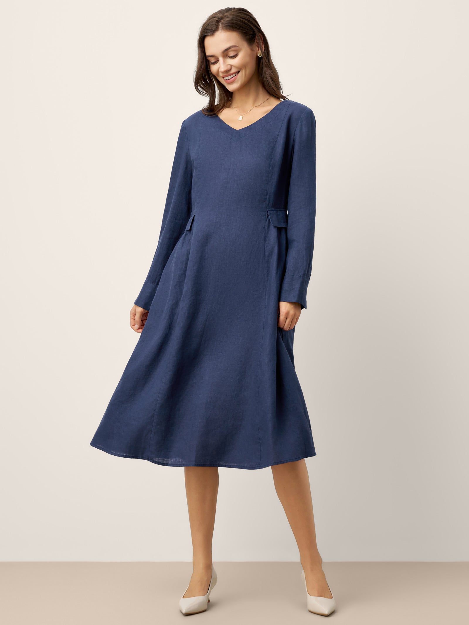 % Linen Gathered Waist Flap Detail Midi Dress DIANA